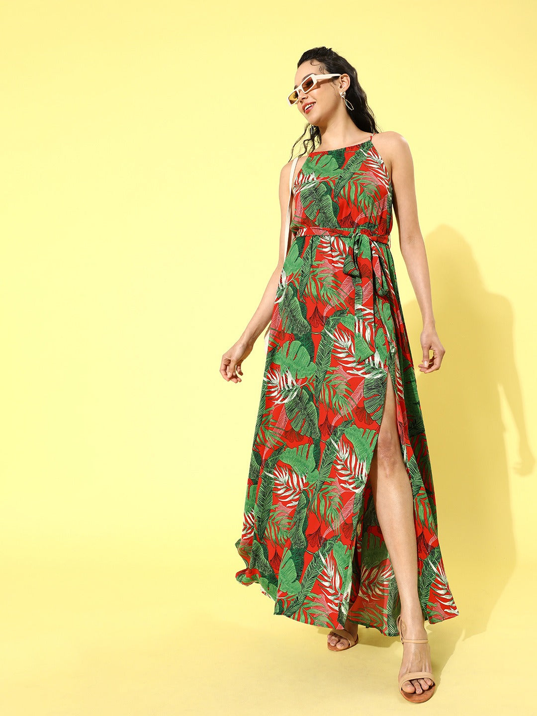 Berrylush Women Green & Red Tropical Printed Round-Neck Thigh-Slit Max Berrylush Women Green & Red Tropical Printed Round-Neck Thigh-Slit Max