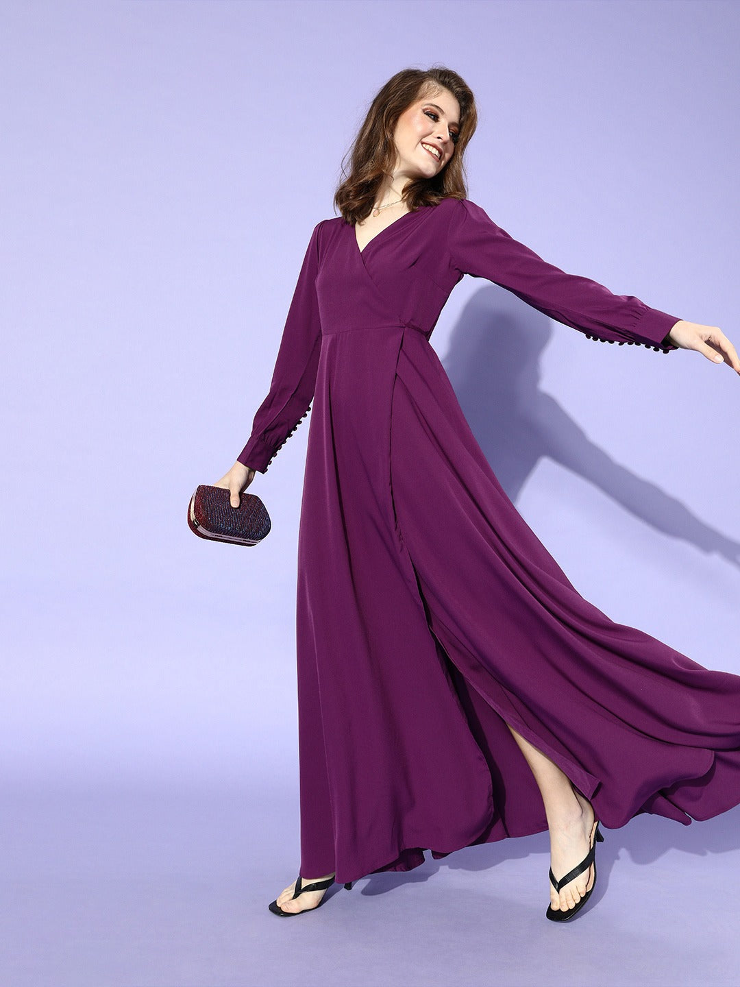 Berrylush Women Solid Purple Cuffed Sleeves Slit Wrap Maxi Dress Berrylush Women Solid Purple Cuffed Sleeves Slit Wrap Maxi Dress