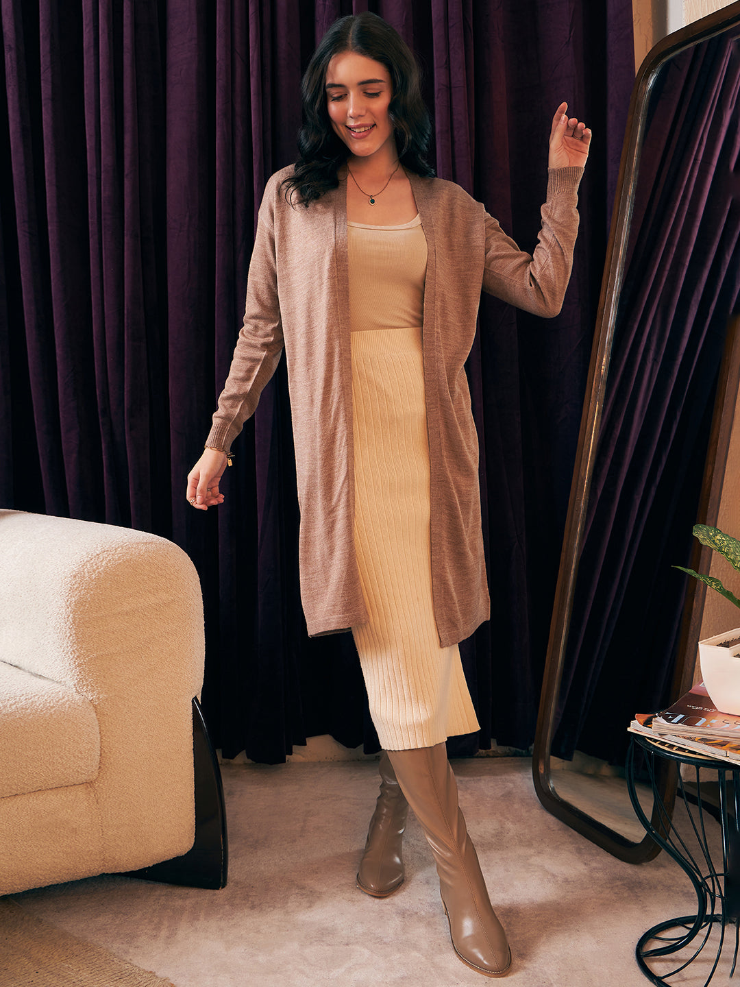 Women Solid Brown Open-Front Neck Acrylic Ribbed Hem Knitted