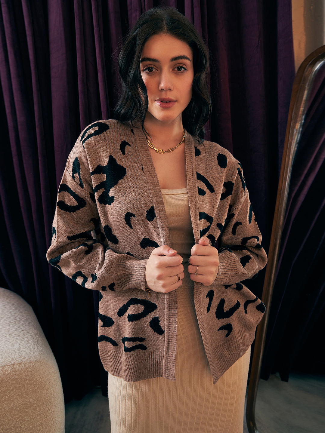 Women Brown Black Animal Printed Open-Front Neck Drop-Shoulder