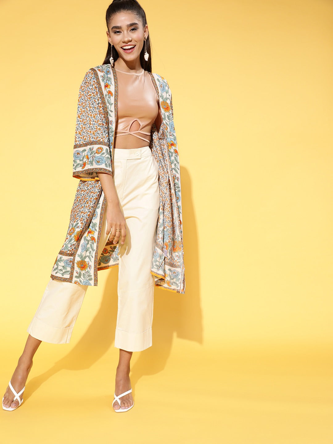 Berrylush Women White Yellow Floral Printed Open-Front Long Sleeve S