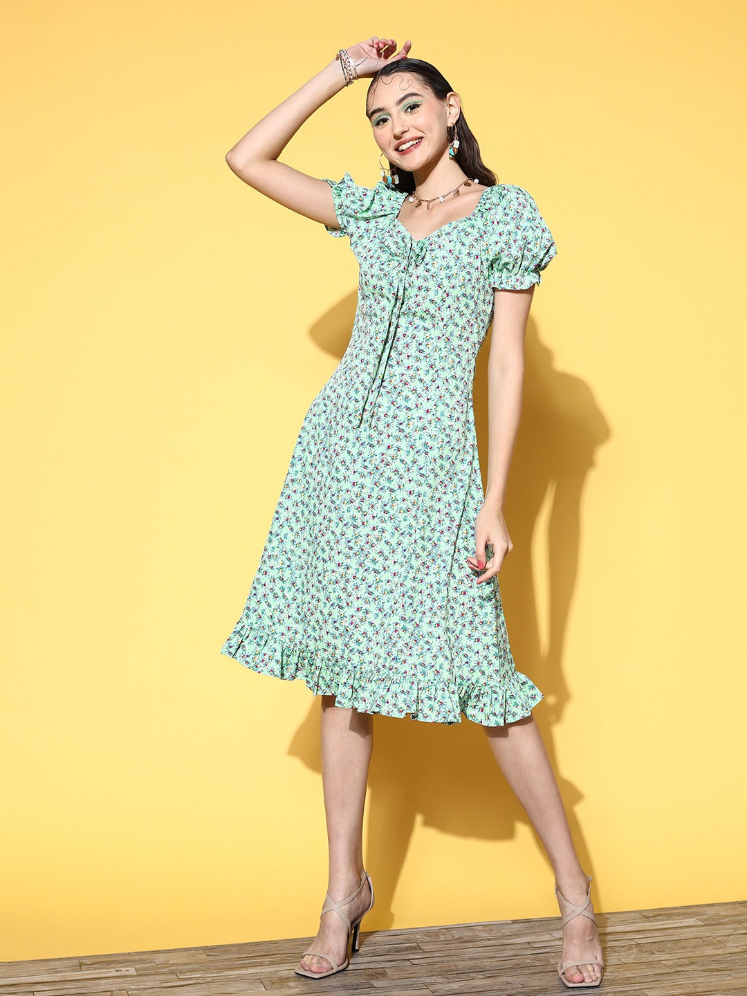 Women Sea Green & Blue Floral Printed Sweetheart Neck Crepe Ruffled A-Line Midi Dress - Berrylush Women Sea Green & Blue Floral Printed Sweetheart Neck Crepe Ruffled A-Line Midi Dress - Berrylush