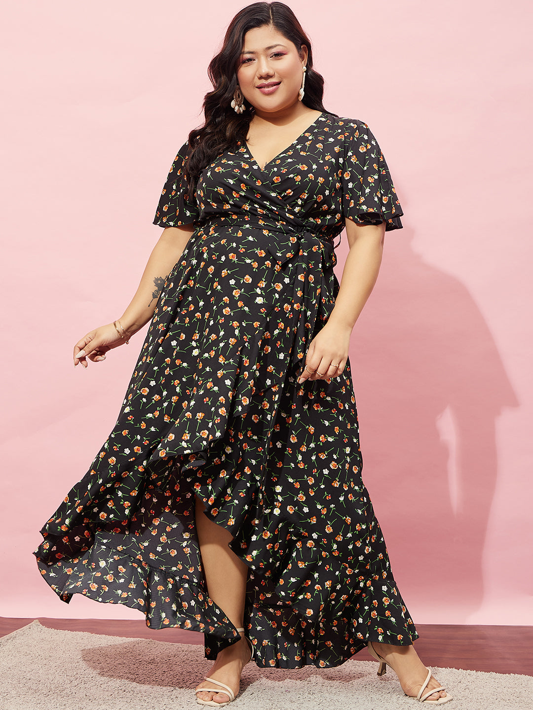 Women Plus Size Black Orange Floral Printed V-Neck Waist Tie-Up