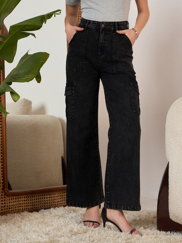 Women High Rise Cargo Denim Pants Straight Leg Jeans Solid Pocket