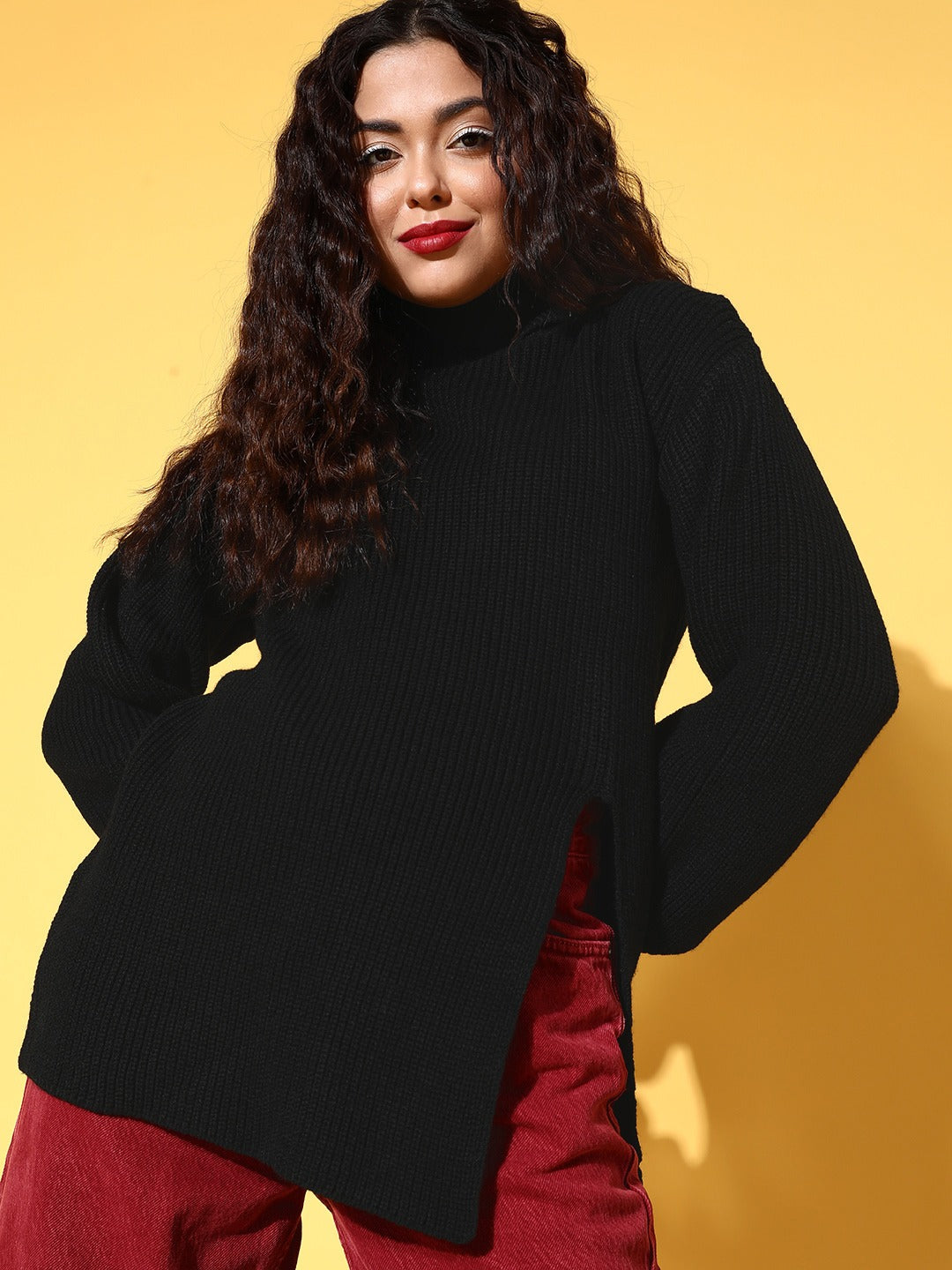 Women Solid Black Turtle Neck Acrylic Straight Hem Longline Pullover  Sweater - Berrylush