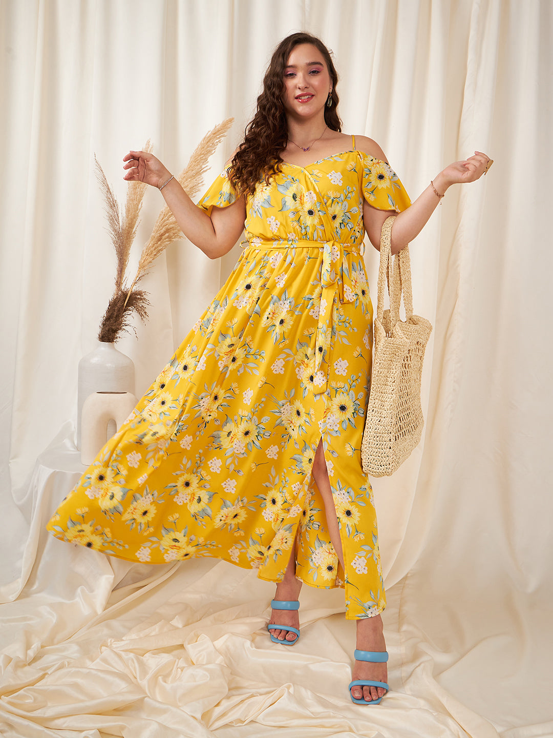 Women Plus Size Yellow White Floral Printed V-Neck Cold-Shoulder