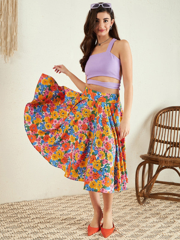 Women Multicolour Floral Printed High-Rise Waist Crepe Pleated A-Line Midi Skirt Berrylush