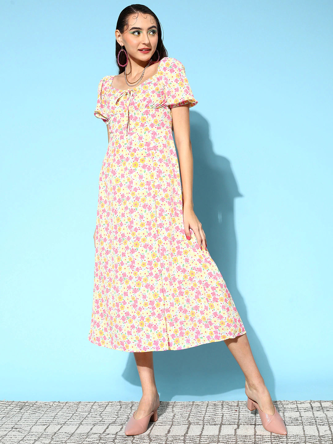 Women White & Peach Floral Printed Square Neck Front Tie-Up Thigh-High Slit Crepe Flared A-Line Midi Dress - Berrylush Women White & Peach Floral Printed Square Neck Front Tie-Up Thigh-High Slit Crepe Flared A-Line Midi Dress - Berrylush