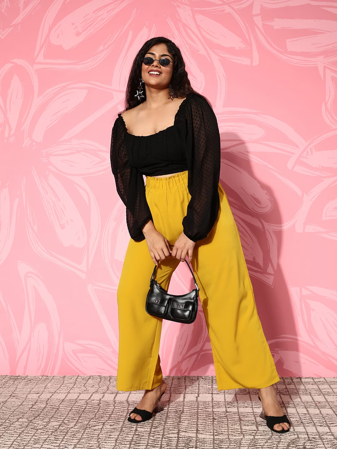 Berrylush Women Plus Size Solid Yellow High-Rise Paperbag Waist Wide-Leg  Slip-On Flared Culotte Pants
