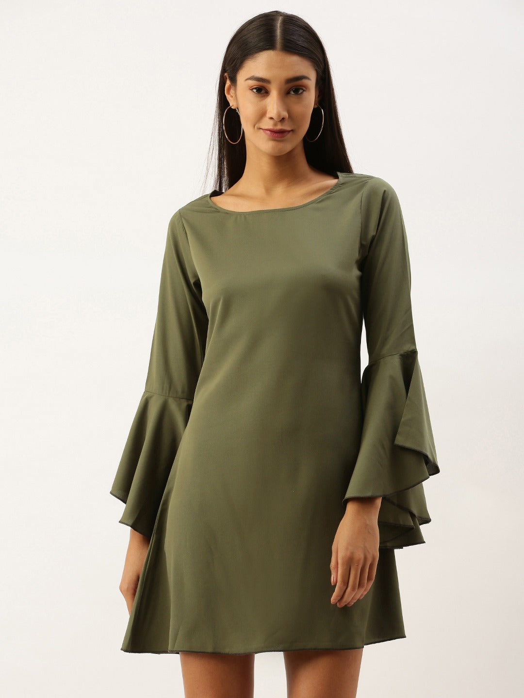 Women Solid Olive Green Round Neck Bell Sleeves Crepe Straight Hem Ruffled A-Line Mini Dress - Berrylush Women Solid Olive Green Round Neck Bell Sleeves Crepe Straight Hem Ruffled A-Line Mini Dress - Berrylush