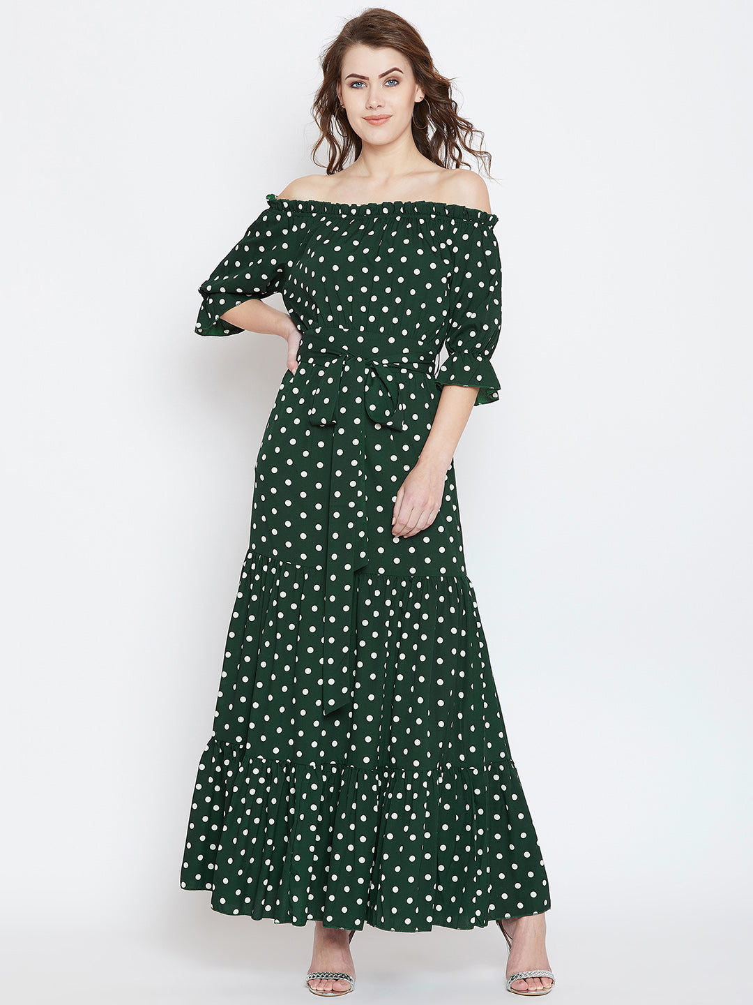 Berrylush Women Green White Polka Dot Printed Off-Shoulder Waist Tie