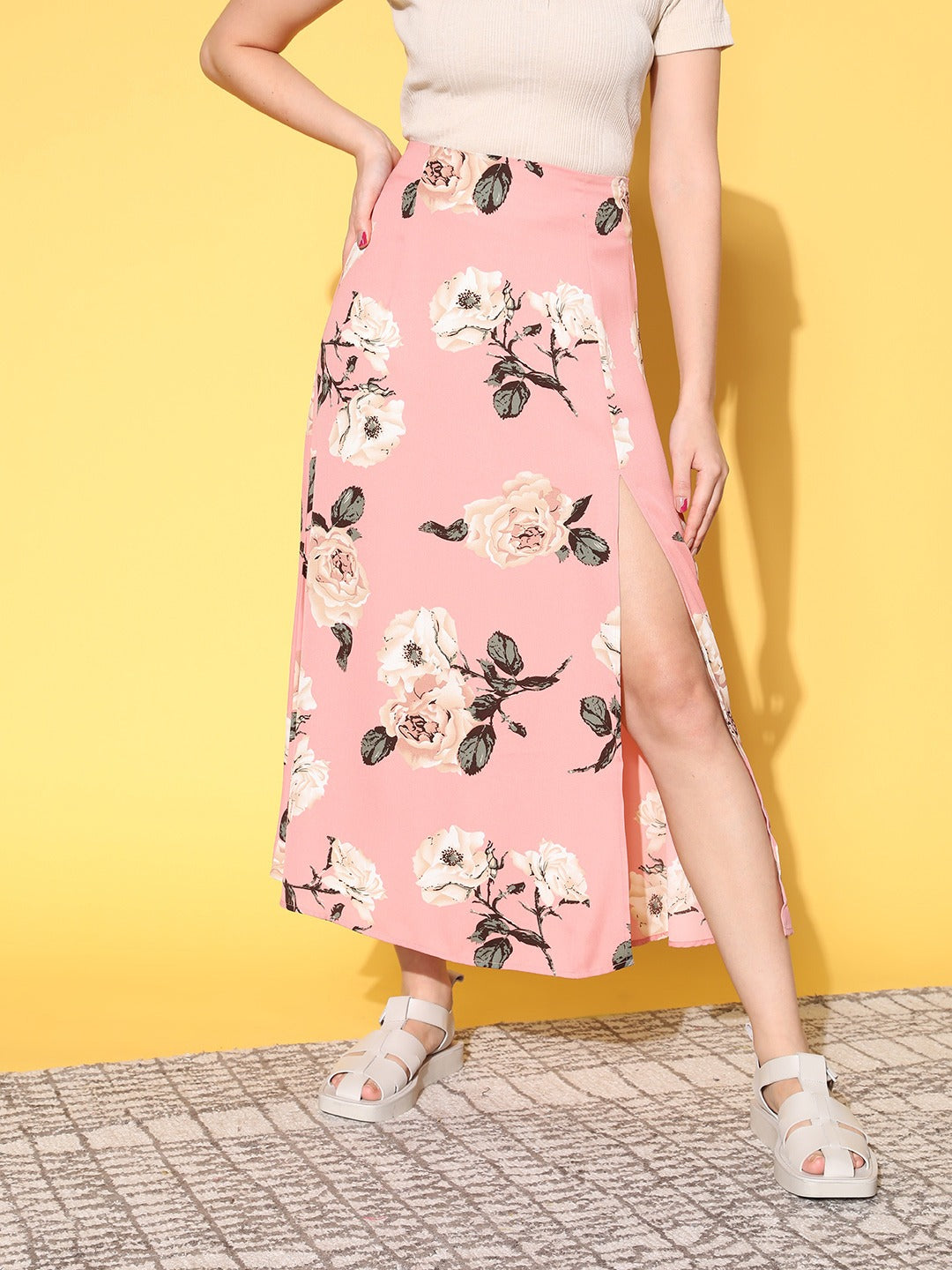 Women Pink White Floral Printed High-Rise Waist Side-Slit Flared