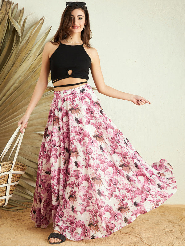 Flared Skirt Pleated Maxi Skirt Floral Women White Pink Floral