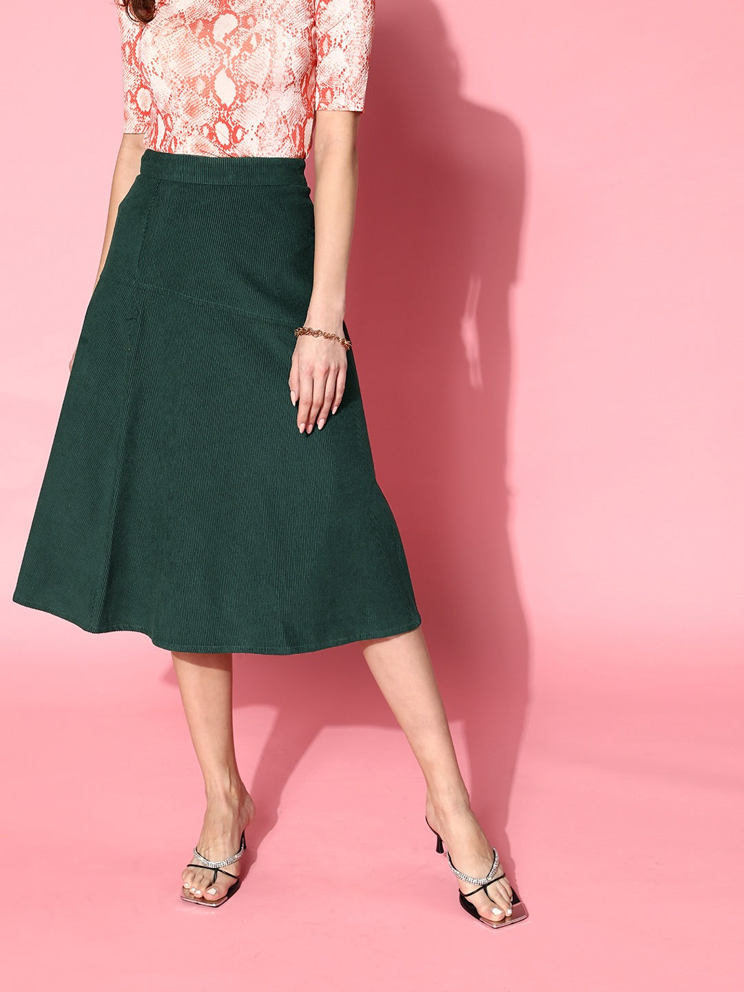 Women Solid Green High-Rise Waist Zipper-Up Cotton Flared A-Line Midi Skirt  - Berrylush