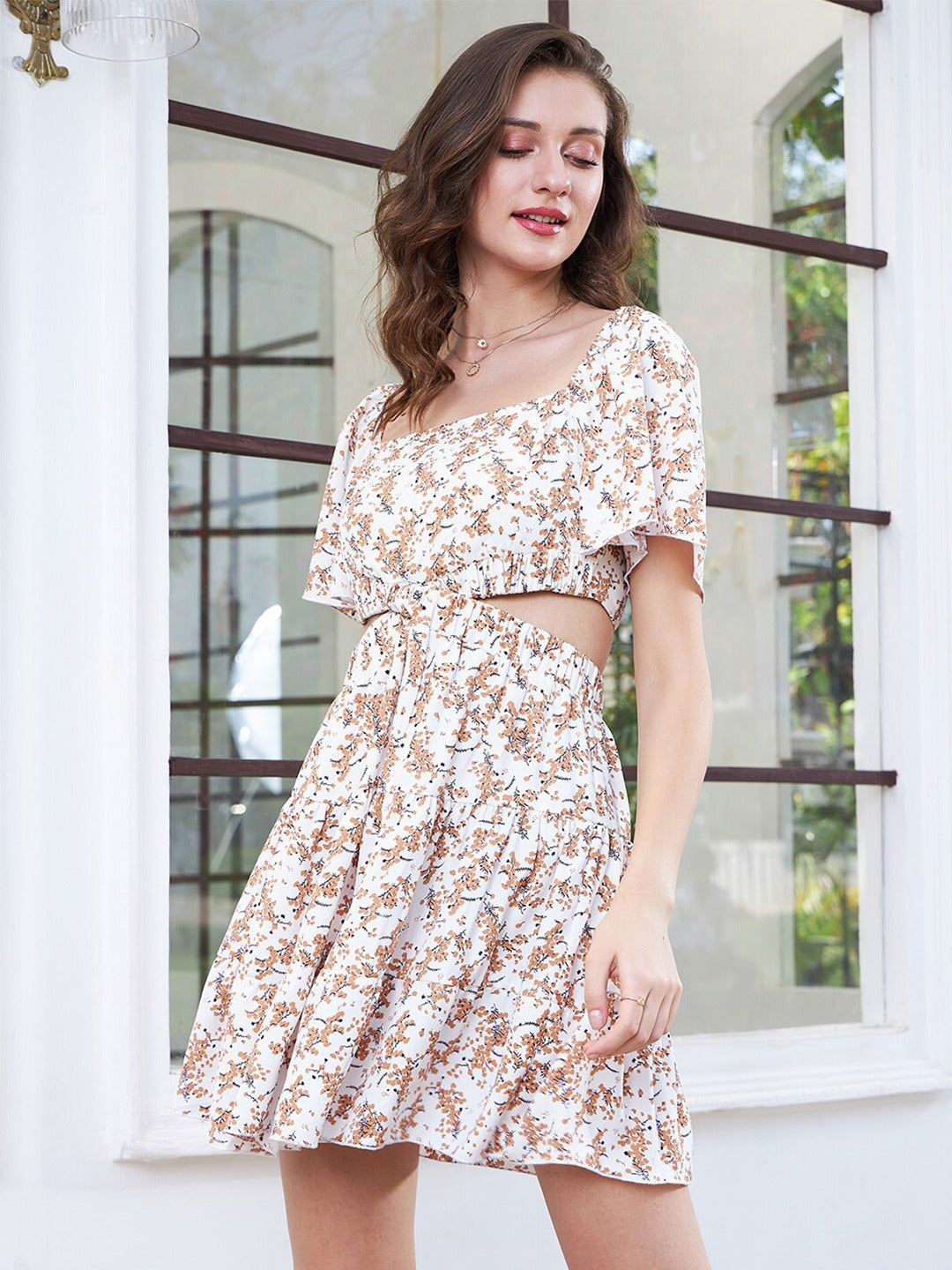 Women White Brown Floral Printed Square Neck Flutter Sleeves Cutout Crepe Fit Flare Mini Dress Berrylush
