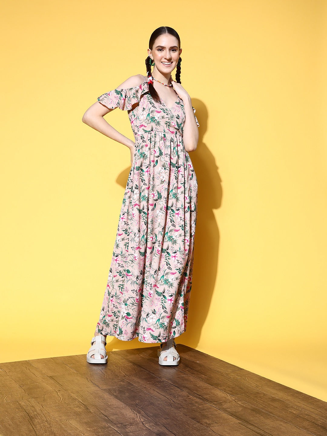 Women Pink Green Floral Printed V-Neck Cold-Shoulder Sleeve