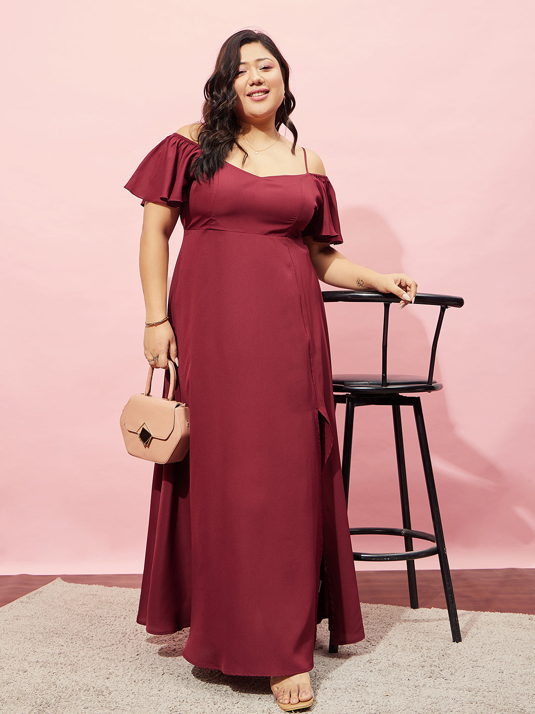 Women Plus Size Solid Maroon Off-Shoulder Neck Cold-Shoulder Sleeve Thigh-High Slit Flared Maxi Dress - Berrylush Women Plus Size Solid Maroon Off-Shoulder Neck Cold-Shoulder Sleeve Thigh-High Slit Flared Maxi Dress - Berrylush