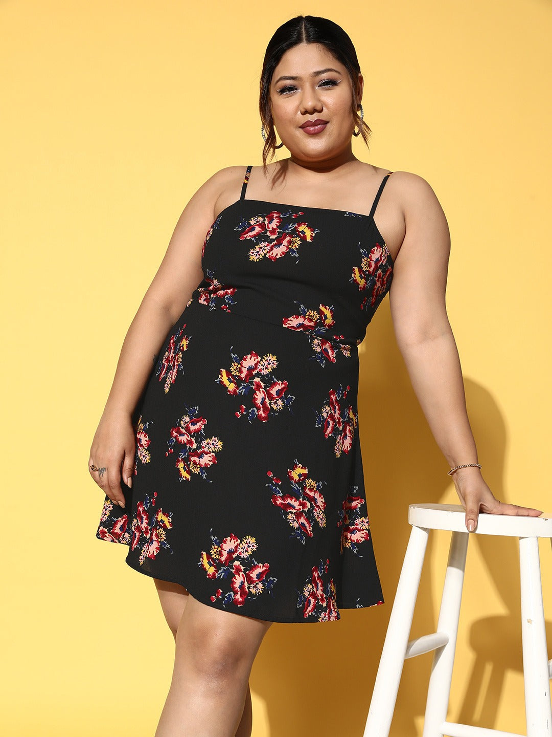 Women Plus Size Black & Red Floral Printed Square Neck Sleeveless Crepe Flared A-Line Mini Dress - Berrylush Women Plus Size Black & Red Floral Printed Square Neck Sleeveless Crepe Flared A-Line Mini Dress - Berrylush