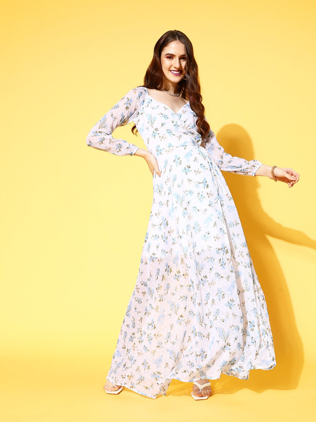 Women White Blue Floral Printed V-Neck Waist Tie-Up Flared Wrap