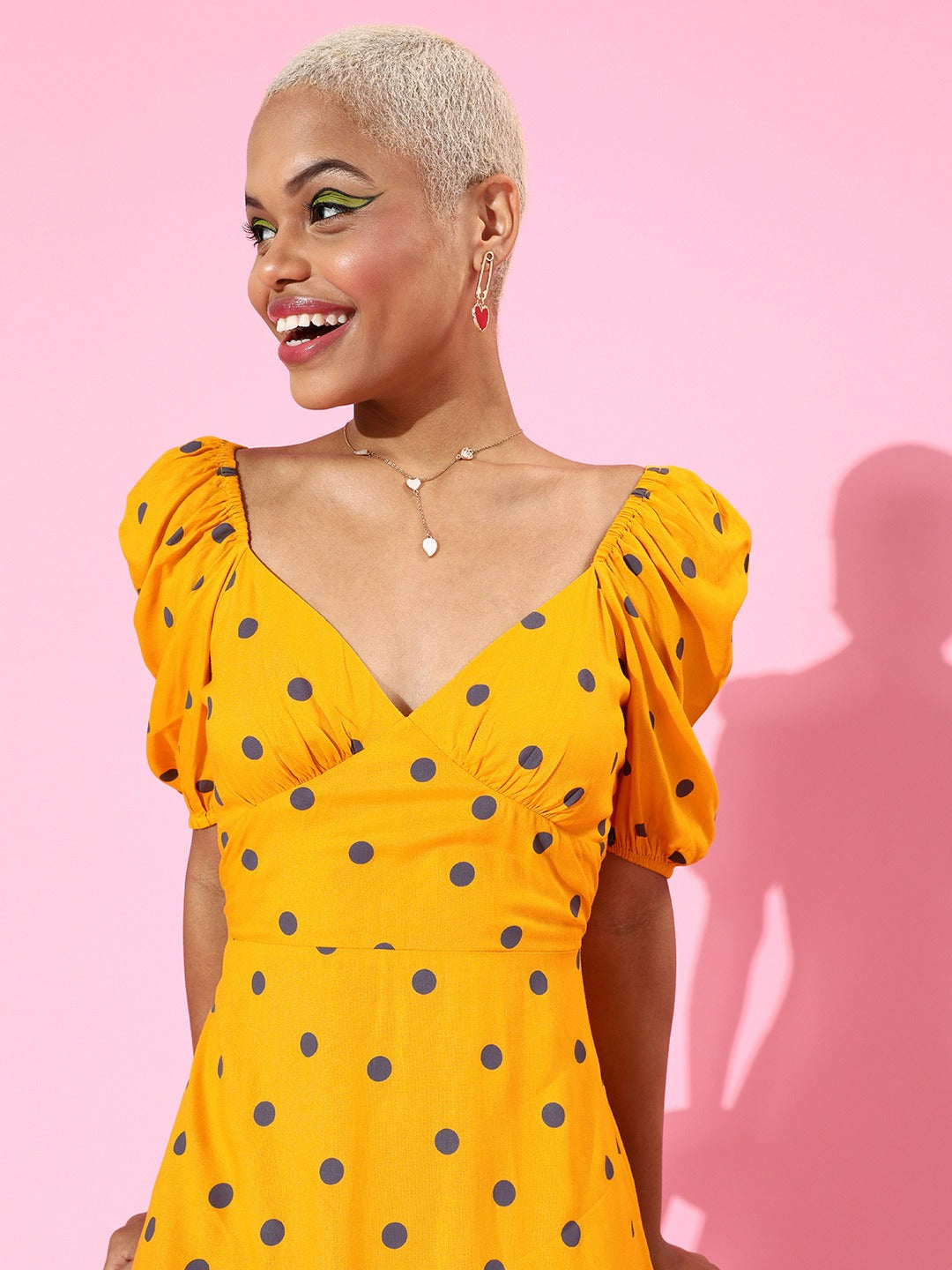 Berrylush Women Yellow & Black Polka Dot Printed Sweetheart Neck Flare Berrylush Women Yellow & Black Polka Dot Printed Sweetheart Neck Flare