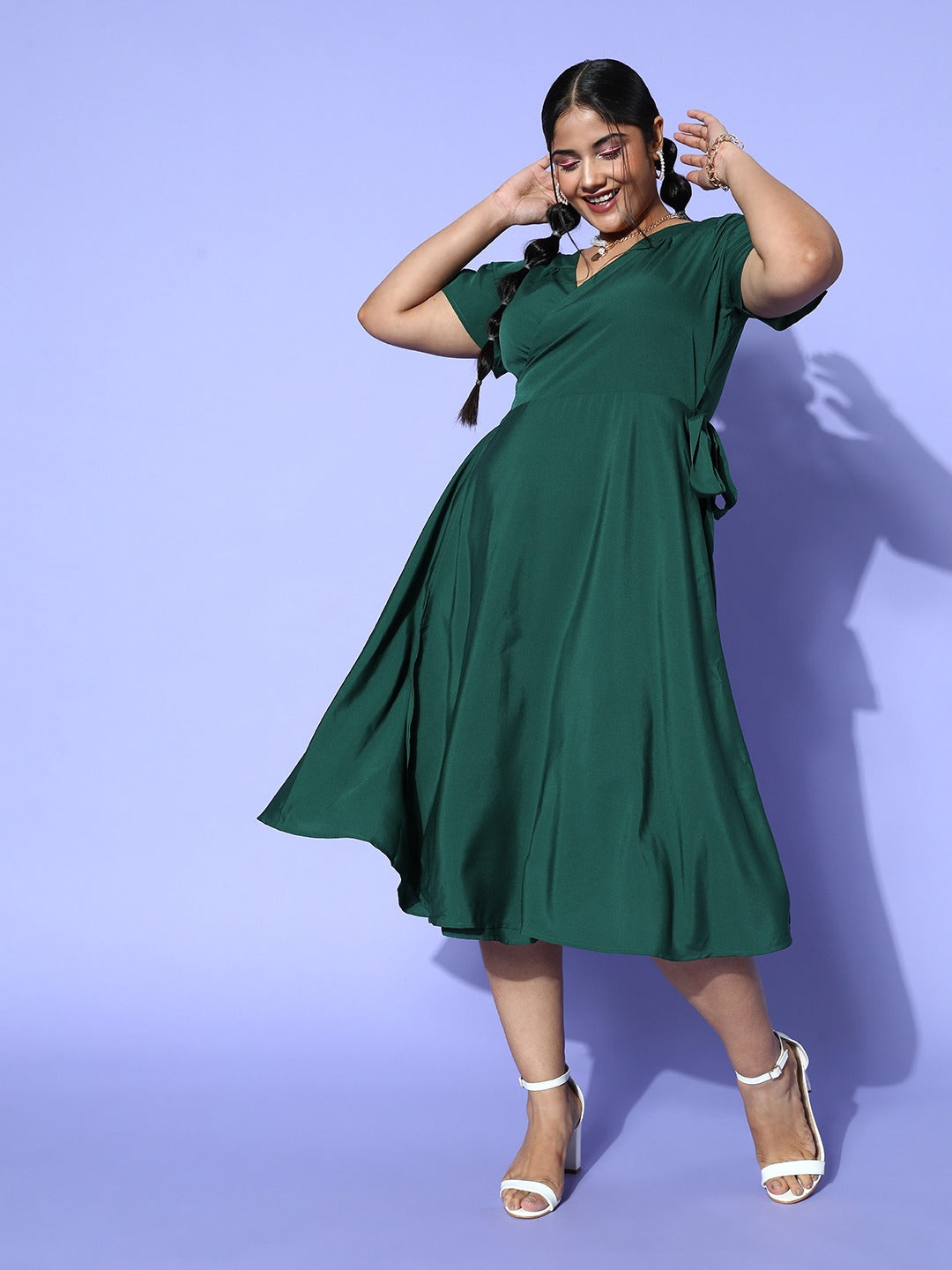 Women Plus Size Solid Green V-Neck Slit Sleeve Waist Tie-Up Crepe Flared Wrap Midi Dress - Berrylush Women Plus Size Solid Green V-Neck Slit Sleeve Waist Tie-Up Crepe Flared Wrap Midi Dress - Berrylush