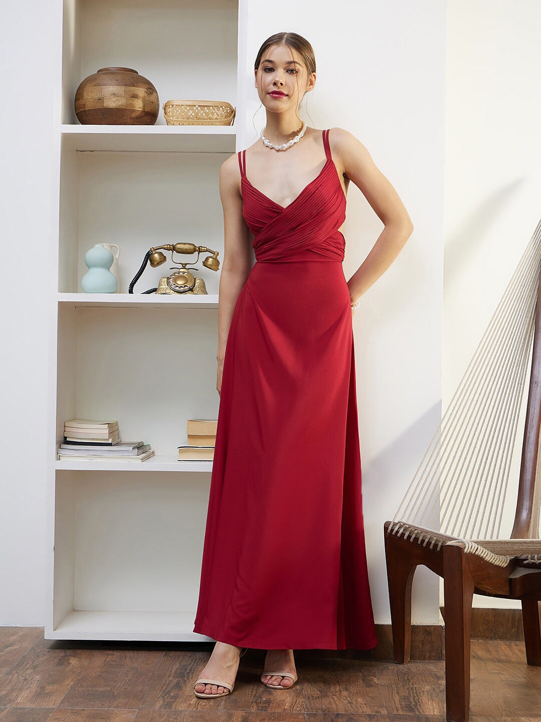 Maxi Dress Red Flared Gown Women Solid Red V-Neck Sleeveless Waist