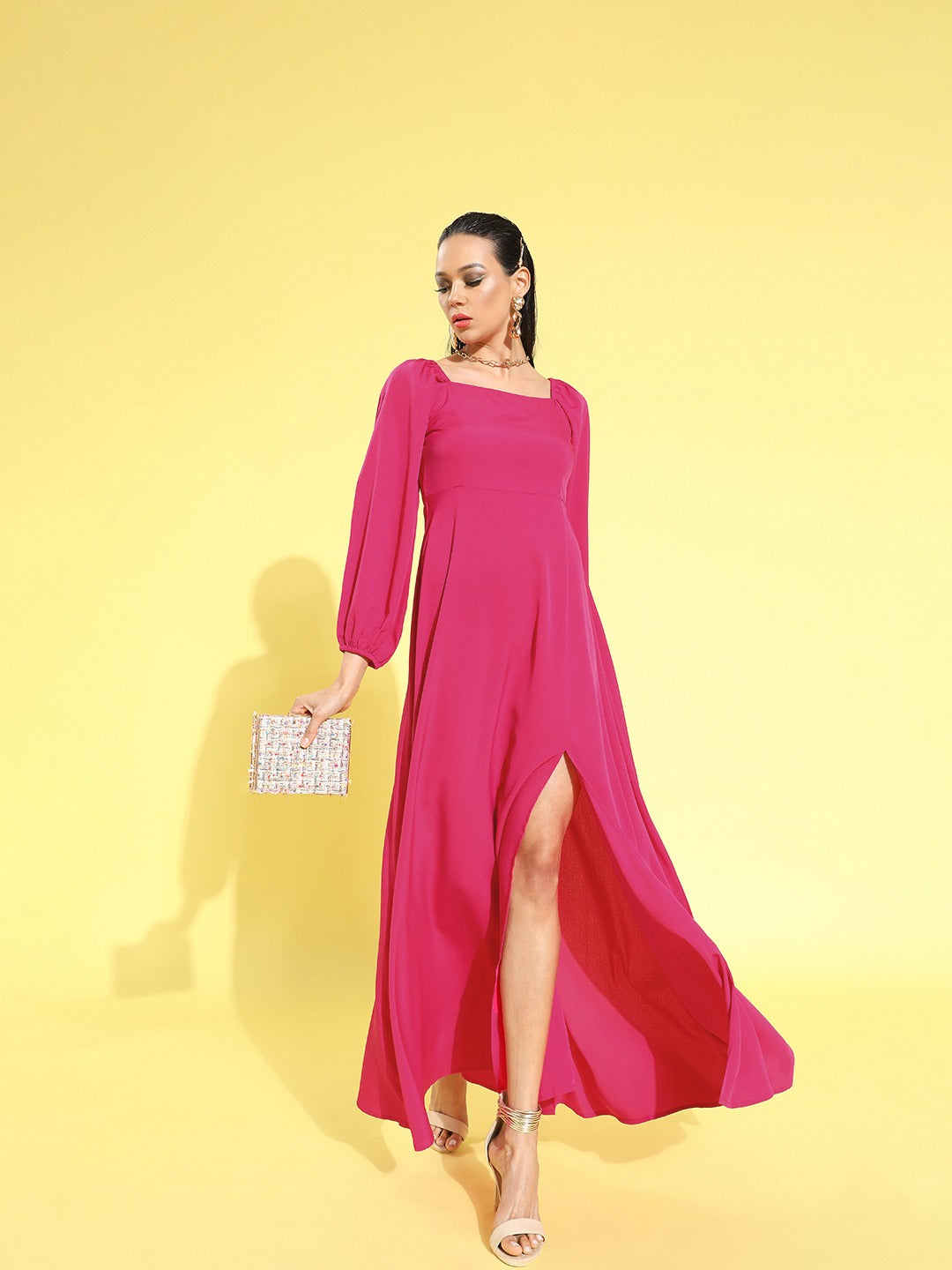fitted lace wedding dress Berrylush Women Solid Dark Pink Square Neck Puff Sleeves Crepe Flared