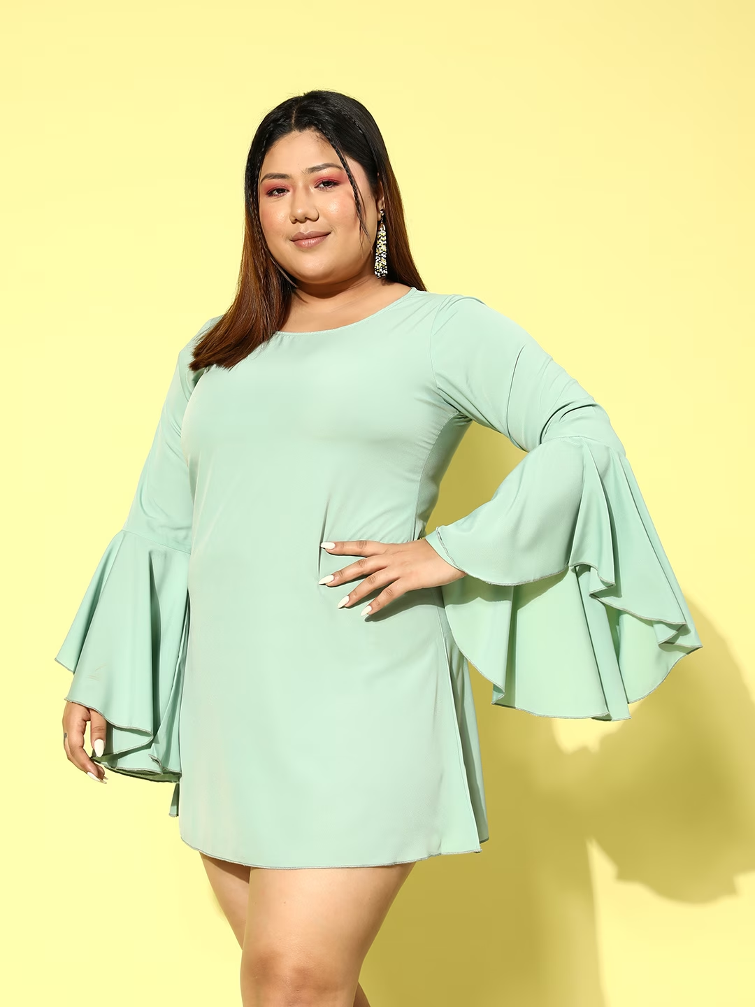 Women Plus Size Solid Green Round Neck Flutter Sleeve Slip-On
