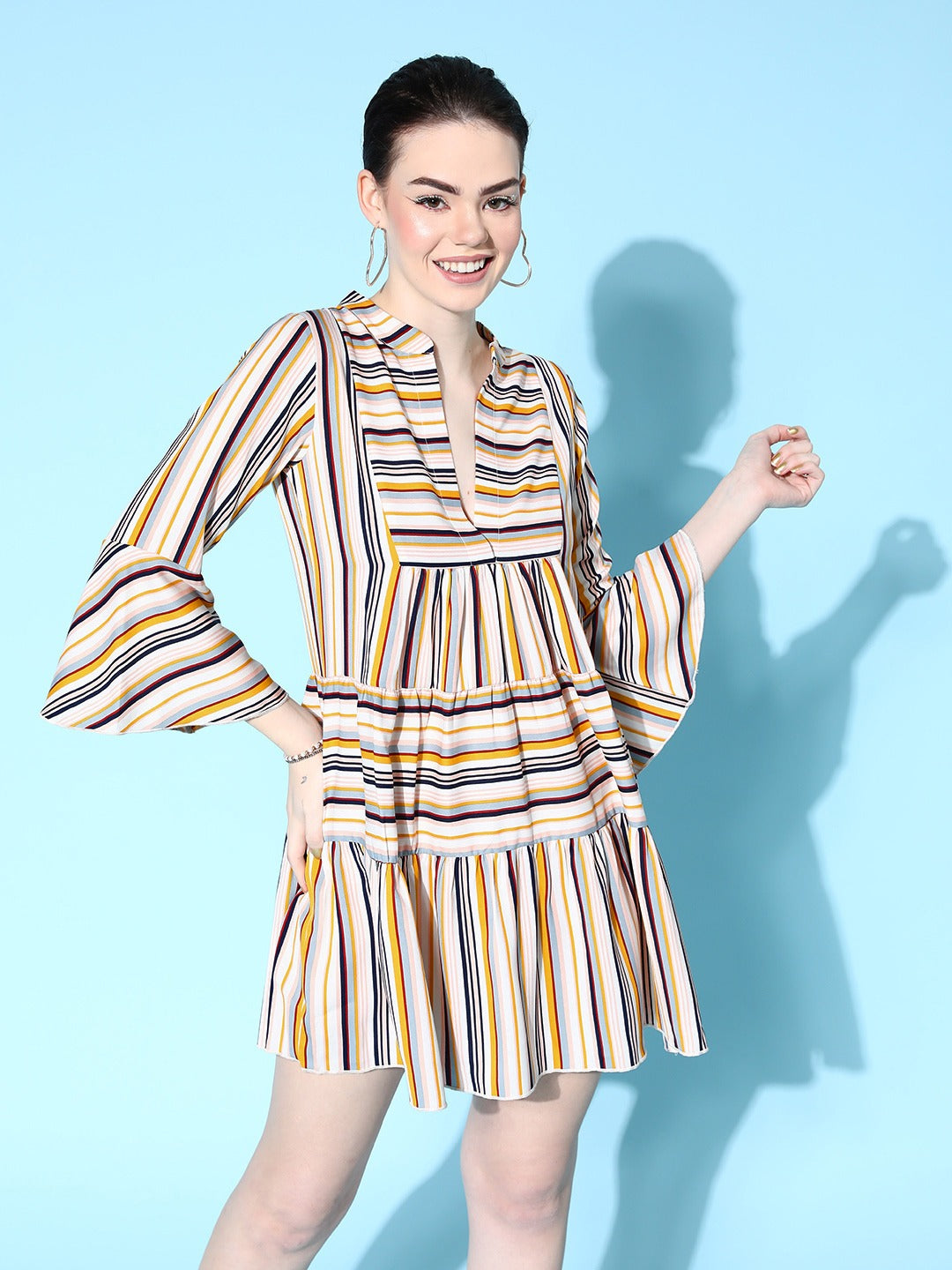 Women Multicolour Stripe Printed Mandarin Collar Neck Flounce Hem Pleated A- Line Mini Dress - Berrylush Women Multicolour Stripe Printed Mandarin Collar Neck Flounce Hem Pleated A- Line Mini Dress - Berrylush