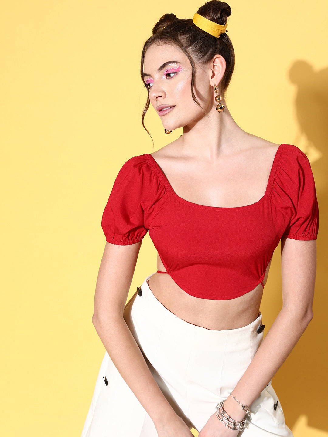 Women Solid Red Square Neck Crepe Puff Sleeves Tie-Up Backless Crop Top Berrylush