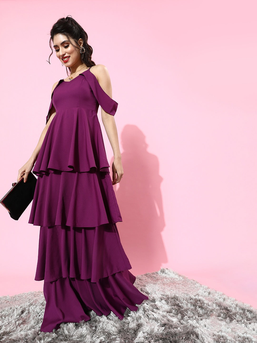 Berrylush Women Solid Purple V-Neck Crepe Layered Maxi Dress