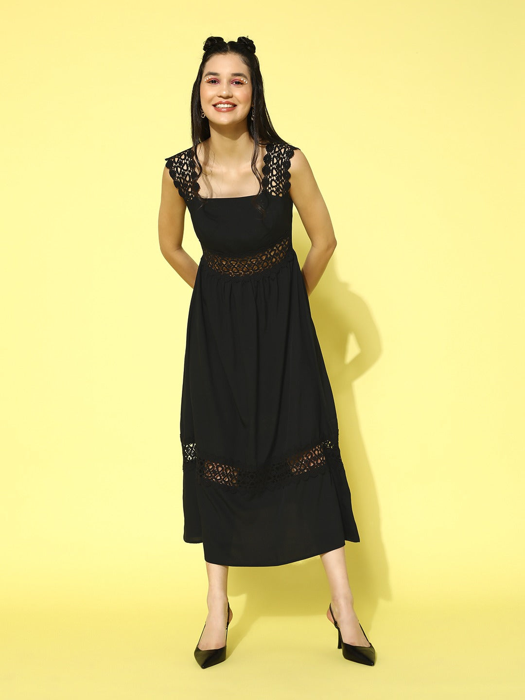 Women Solid Black Square Neck Sleeveless Lace Insert Schiffli Fit & Flare Midi Dress - Berrylush Women Solid Black Square Neck Sleeveless Lace Insert Schiffli Fit & Flare Midi Dress - Berrylush