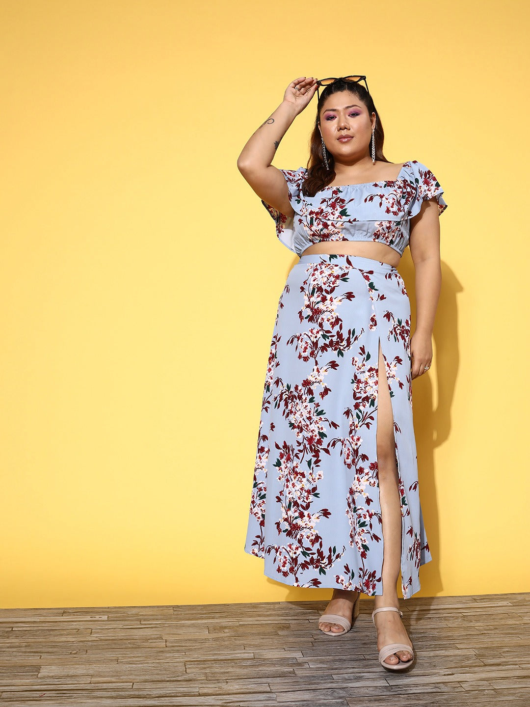Berrylush Women Plus Size Blue & Maroon Floral Printed Off-Shoulder Neck  Cropped Top & Thigh-High Slit Maxi Skirt Co-Ord Set
