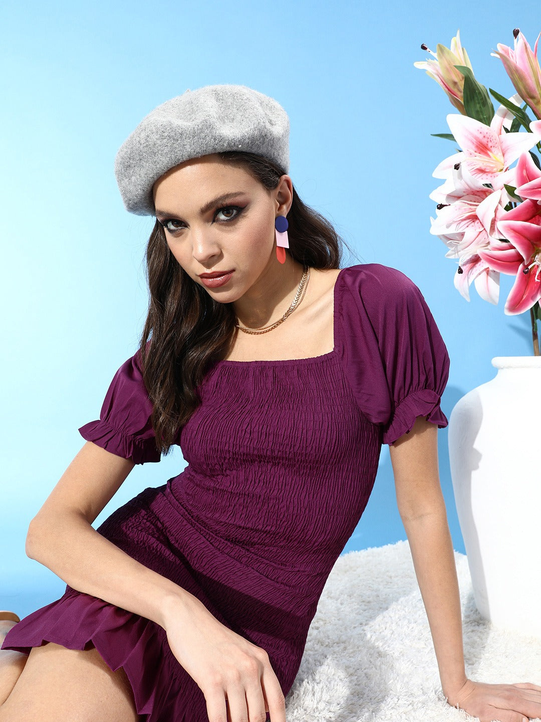 Berrylush Women Solid Purple Square Neck Smocked Bodycon Mini Dress Berrylush Women Solid Purple Square Neck Smocked Bodycon Mini Dress