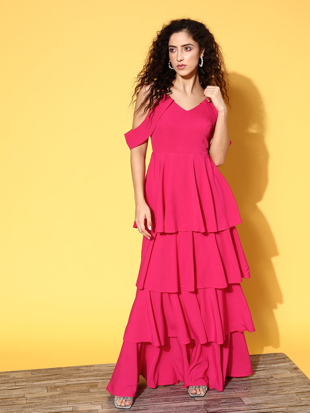 Women Solid Pink V-Neck Cold-Shoulder Flounce Hem Layered A-Line Maxi Dress Berrylush
