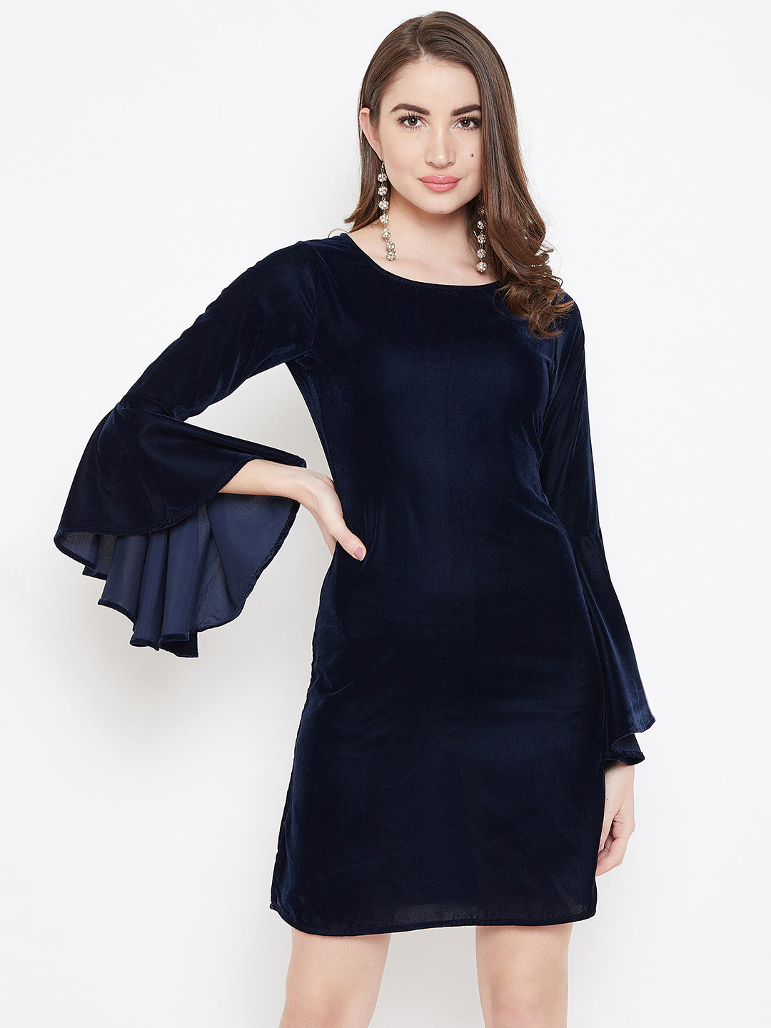 Berrylush Women Solid Navy Blue Round Neck Flared Sleeve Velvet Mini D Berrylush Women Solid Navy Blue Round Neck Flared Sleeve Velvet Mini D