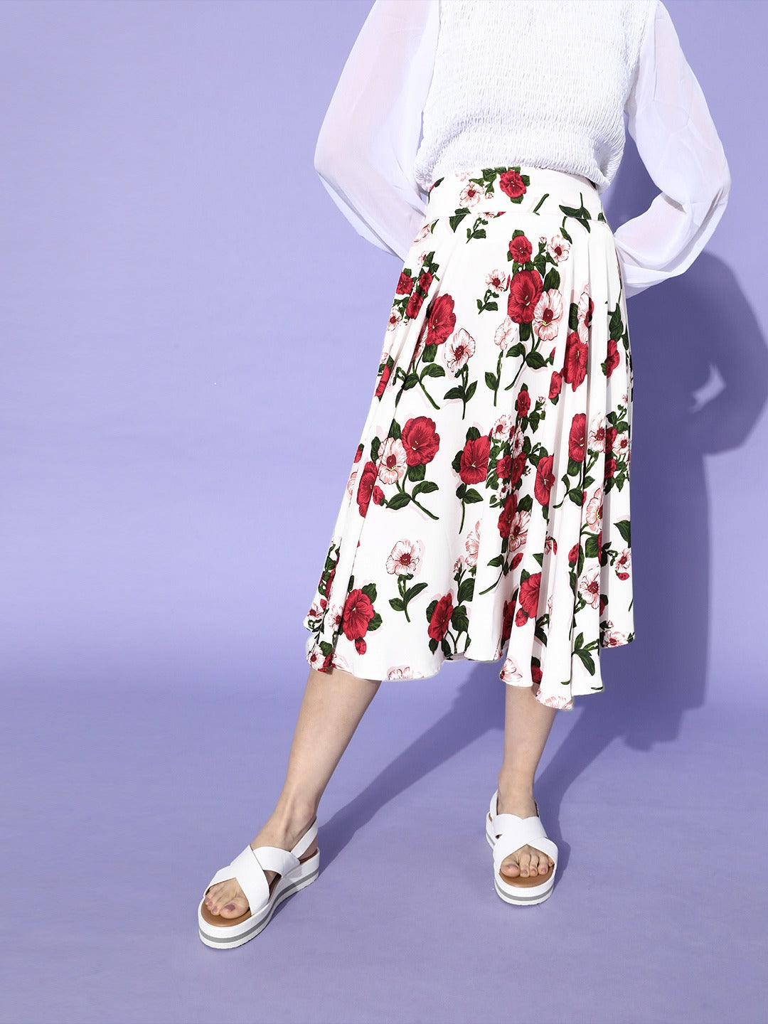 Berrylush Women White Red Floral Printed Flared Skirt