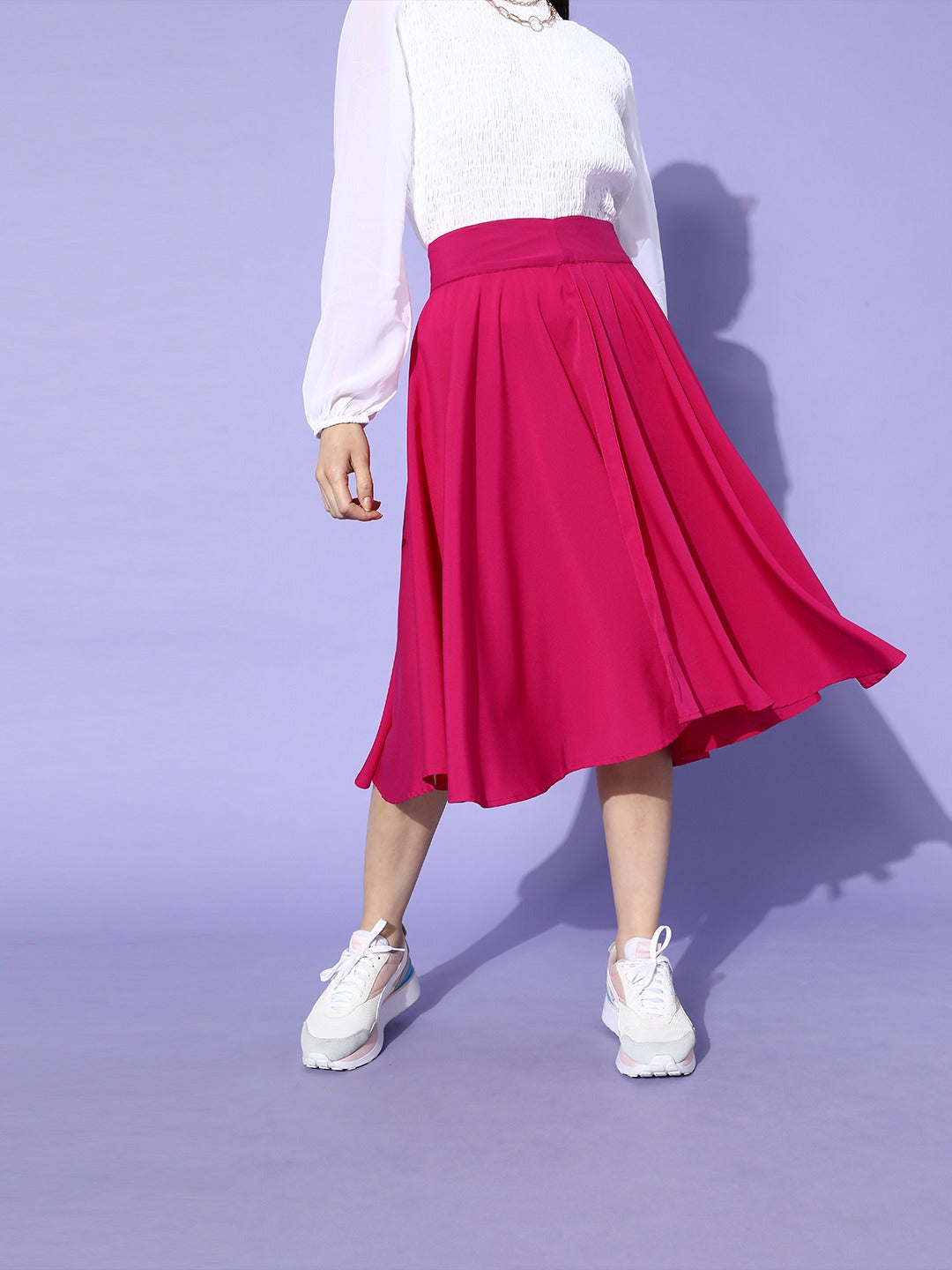 Berrylush Women Solid Pink Flared A-Line Midi Skirt - Main Image