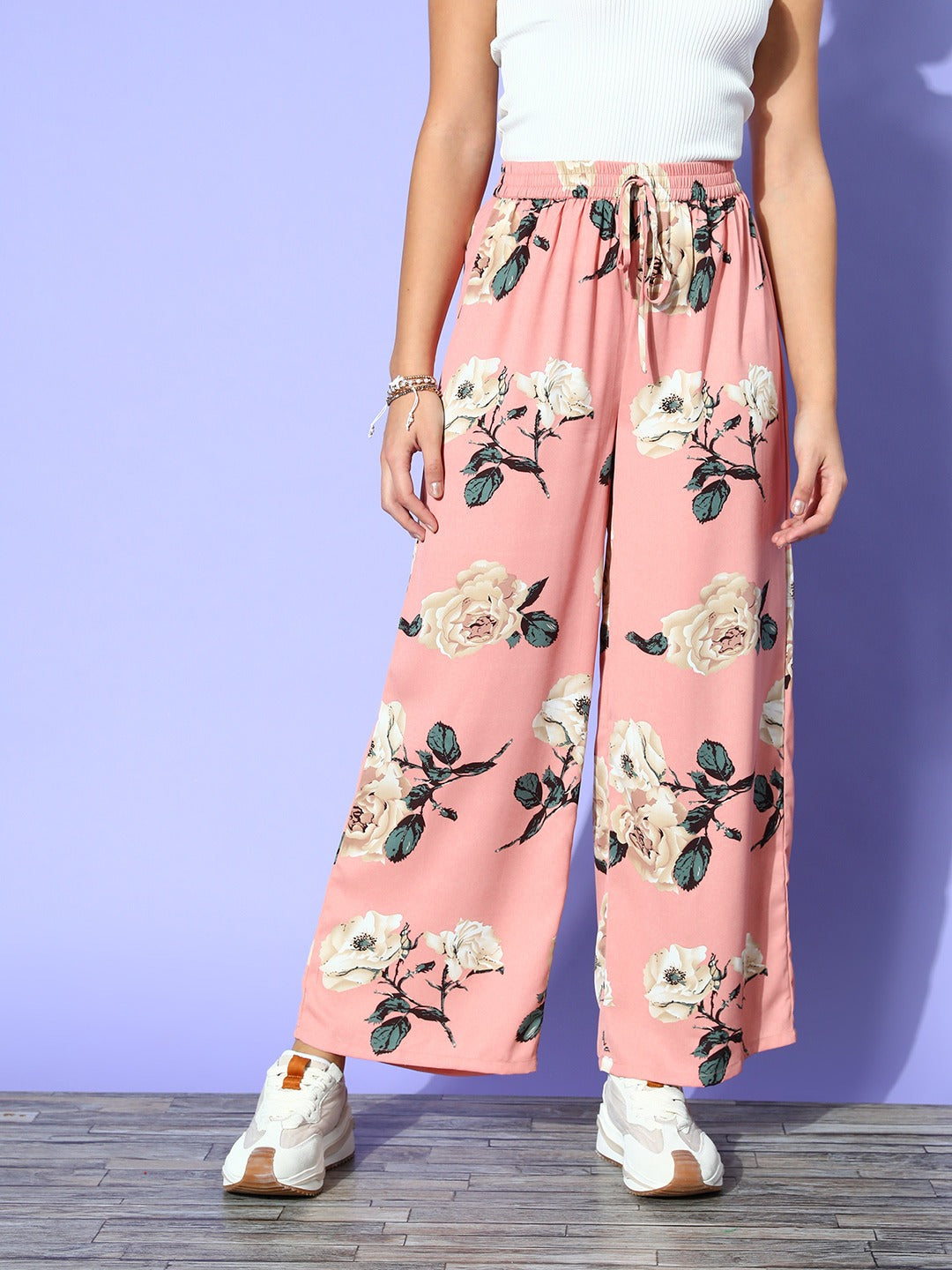 Berrylush Women Pink & White Floral Printed High-Rise Waist Wide-Leg  Regular Trousers