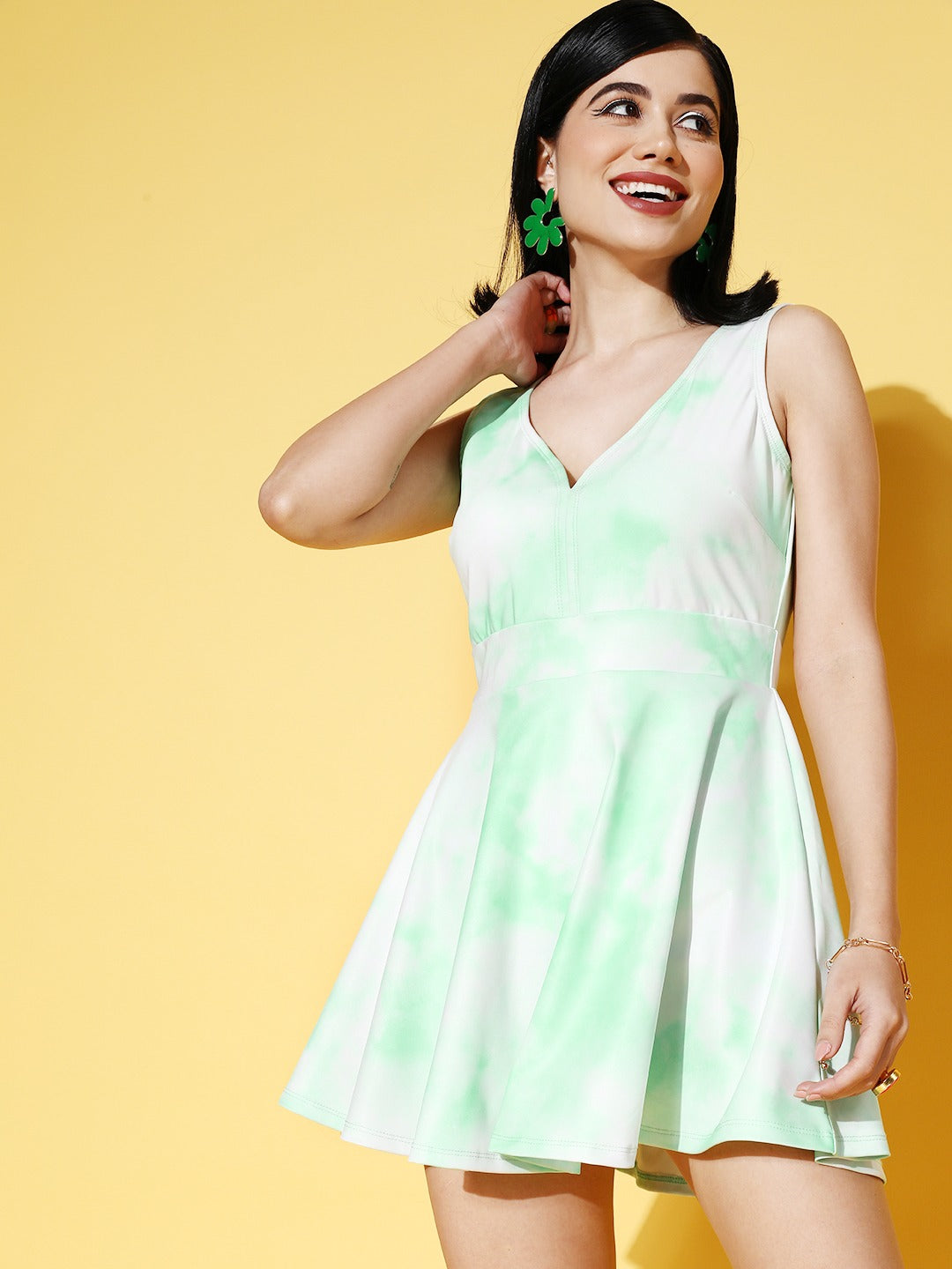 Women Green & White Tie-Dye Printed V-Neck Sleeveless Open-Back Flared A-Line Mini Swimming Dress - Berrylush Women Green & White Tie-Dye Printed V-Neck Sleeveless Open-Back Flared A-Line Mini Swimming Dress - Berrylush