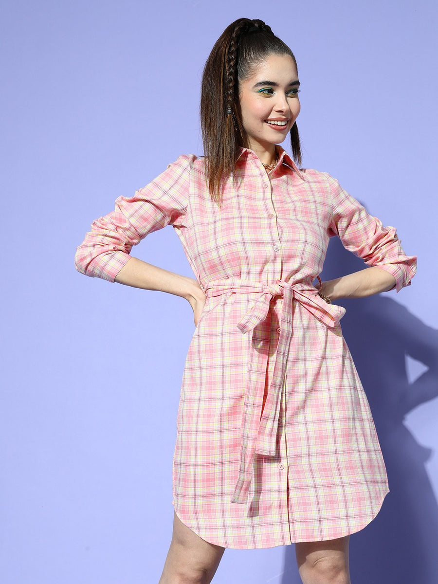 Women Pink \u0026 White Checked Pattern Collar Neck Crepe Waist Tie-Up Curved  Hem Shirt Style Mini Dress - Berrylush