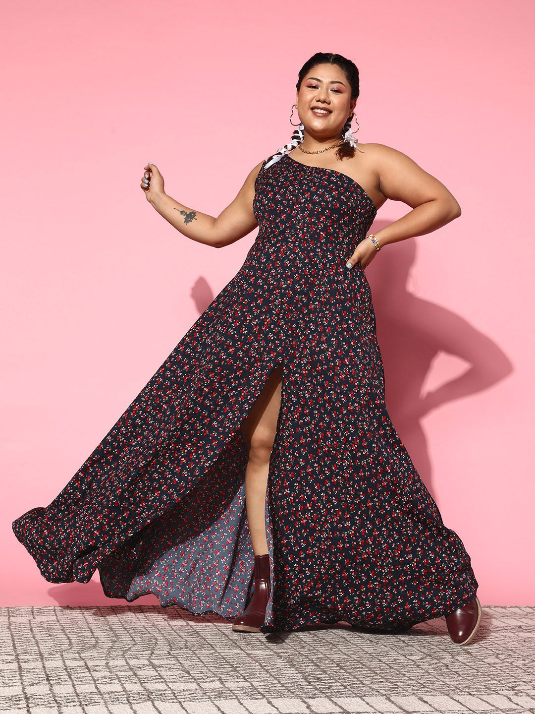 Women Plus Size Navy Blue & Red Floral Printed One-Shoulder Neck Thigh-High Slit Flared Maxi Dress - Berrylush Women Plus Size Navy Blue & Red Floral Printed One-Shoulder Neck Thigh-High Slit Flared Maxi Dress - Berrylush