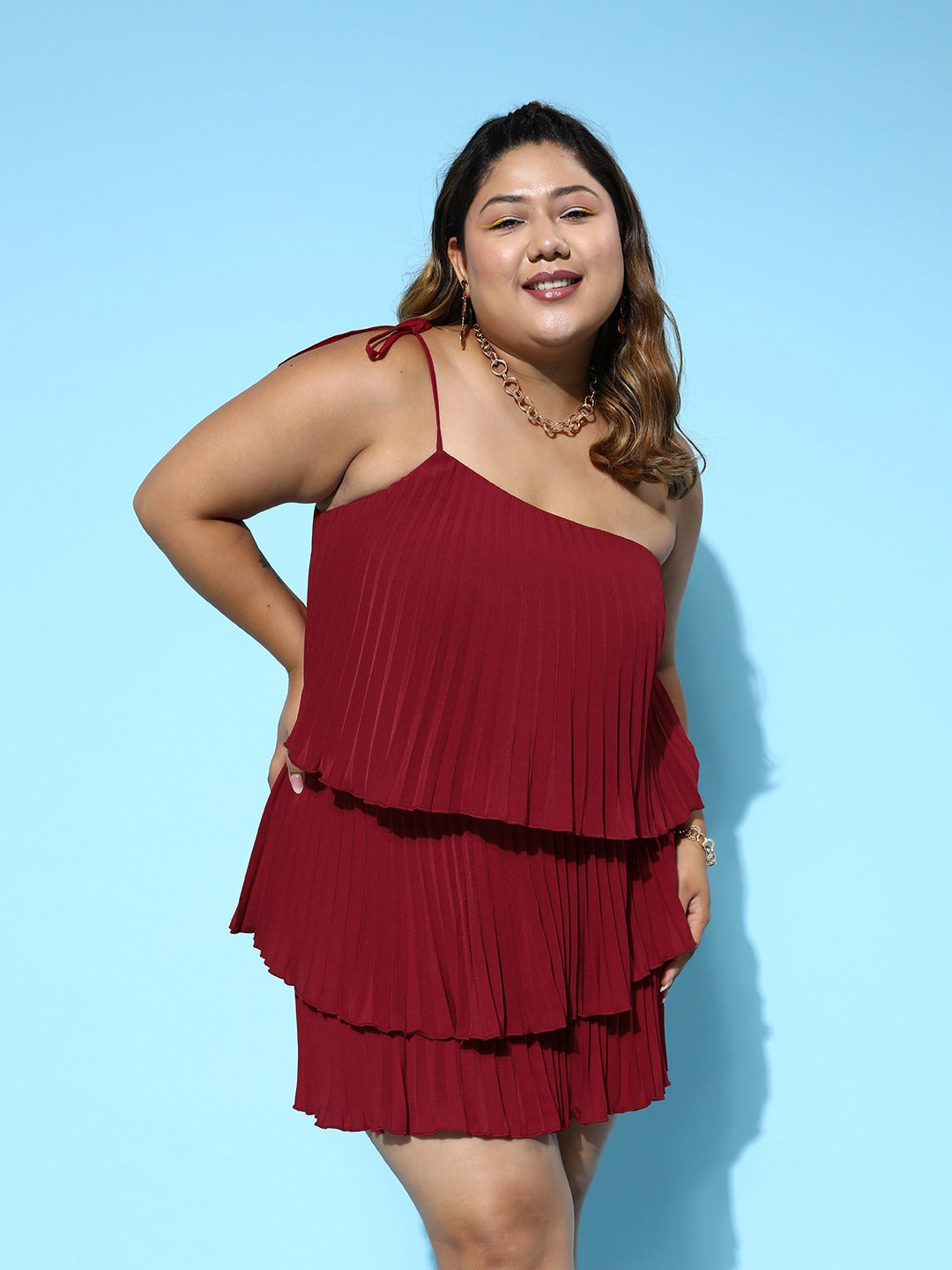 Women Plus Size Solid Red One-Shoulder Neck Tie-Up Strap Crepe