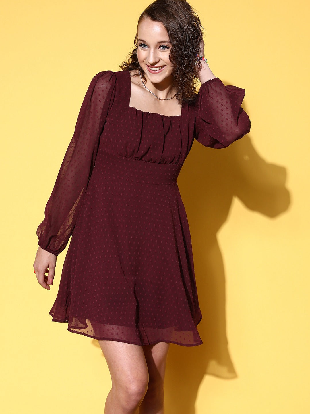 Women Solid Burgundy Dobby Weave Square Neck Georgette Pleated Fit & Flare Mini Dress - Berrylush Women Solid Burgundy Dobby Weave Square Neck Georgette Pleated Fit & Flare Mini Dress - Berrylush