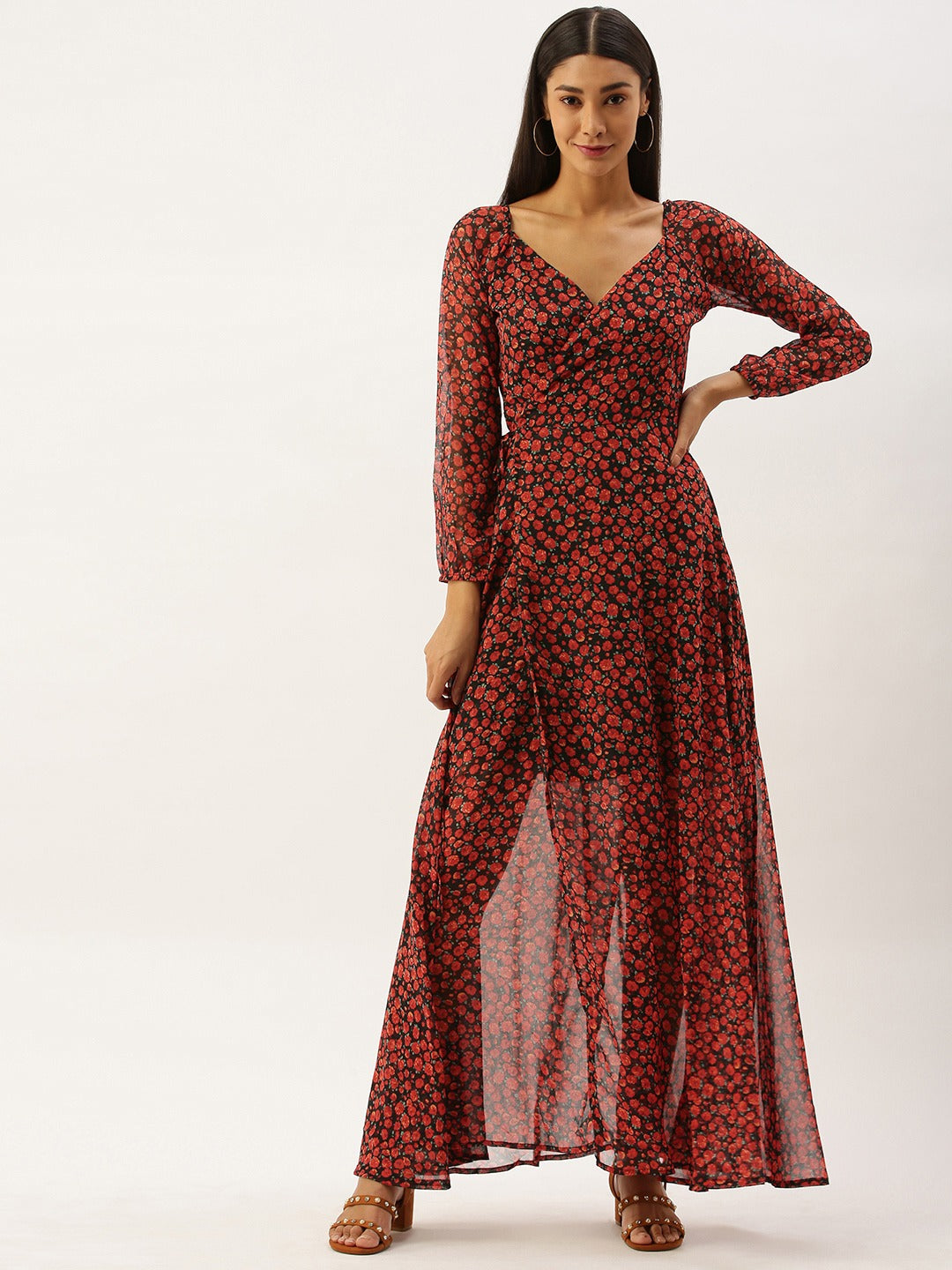 Berrylush Women Black Red Floral Print V-Neck Maxi Dress