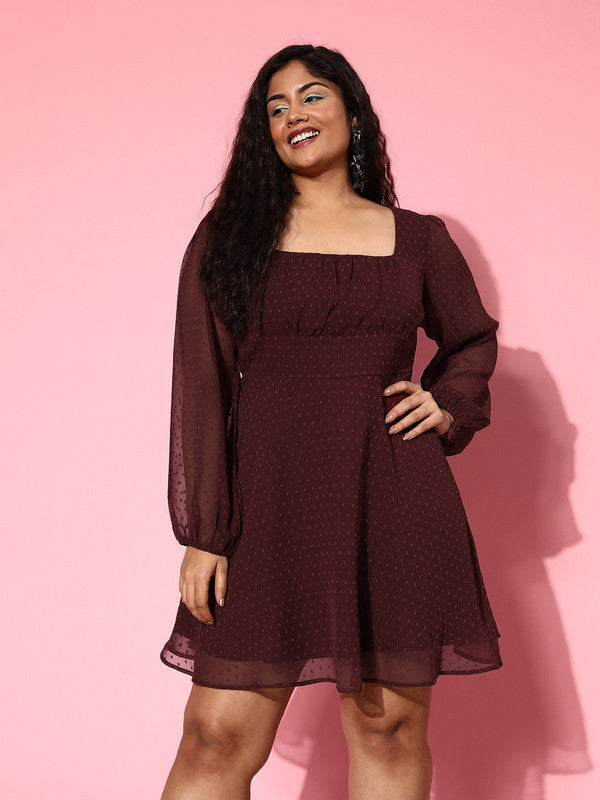 Women Plus Size Solid Maroon Dobby Weave Square Neck Chiffon Pleated Fit & Flare Mini Dress - Berrylush Women Plus Size Solid Maroon Dobby Weave Square Neck Chiffon Pleated Fit & Flare Mini Dress - Berrylush