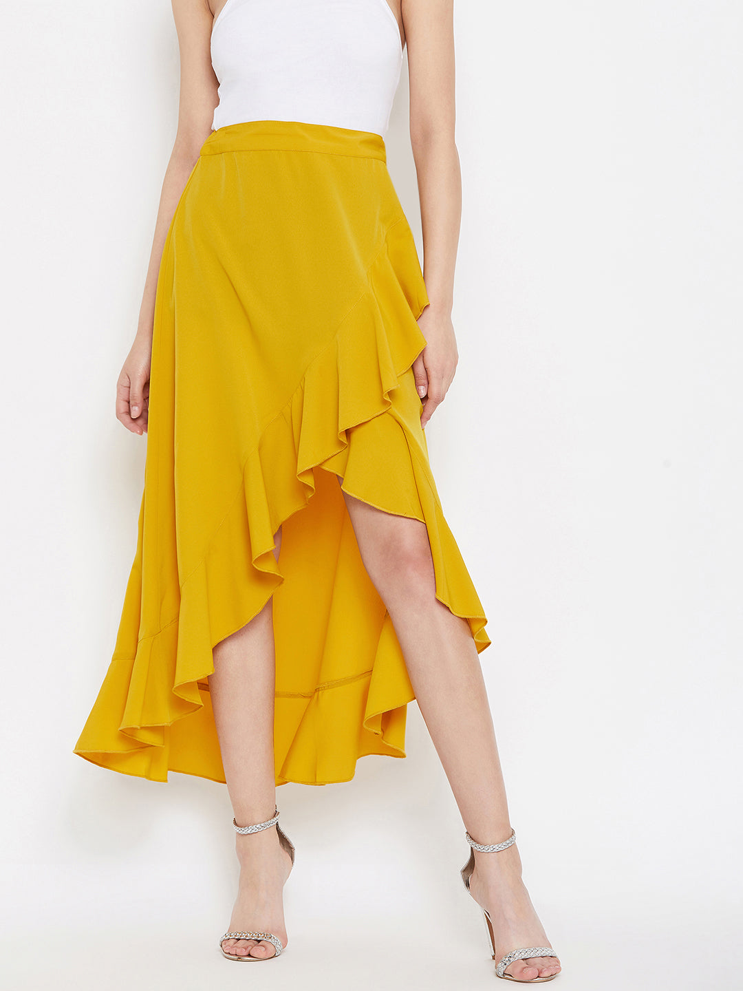 Women Solid Yellow High-Low Ruffled Wrap Midi Skirt Berrylush