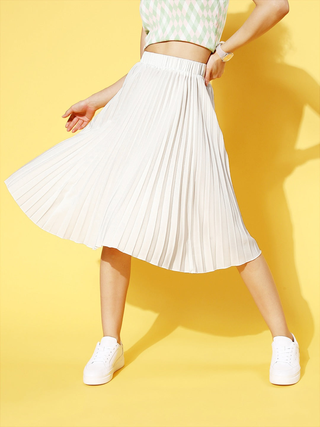 Women Solid Off-White Accordion Pleated Slip-On Waist Crepe Flared A-Line Midi Skirt Berrylush