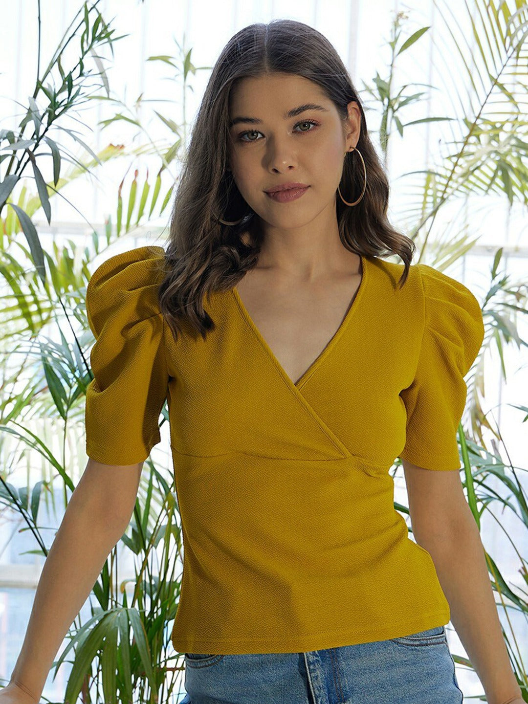 Women Solid Yellow V-Neck Puff Sleeves Slim Fit Wrap Knitted Regular T-Shirt Berrylush