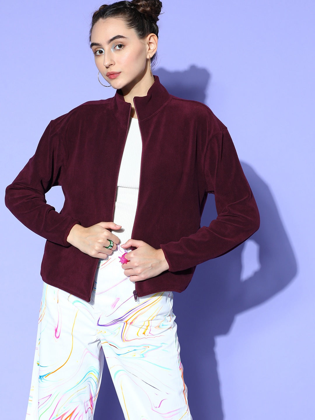 Women Solid Burgundy Mock Collar Neck Open-Front Straight Hem